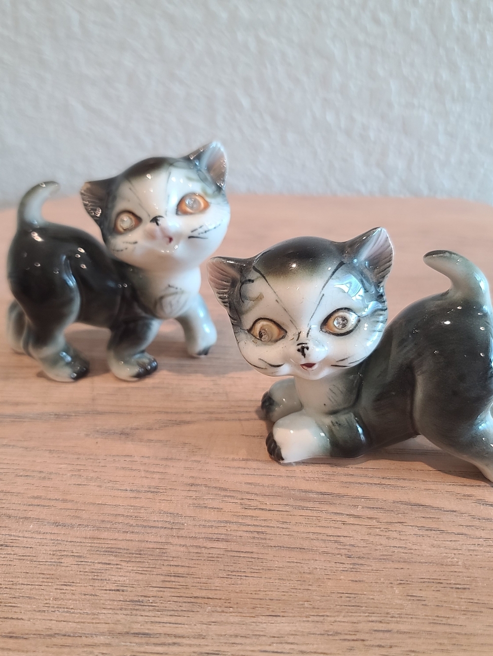 Vintage Ceramic Grey Kittens Cats Figurines with Rhinestone Eyes MCM Japan 1960s